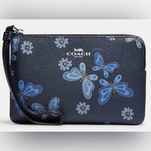 Coach CH716 Corner Zip Wristlet With Lovely Butterfly Print Midnight Navy New